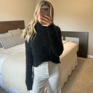 Fuzzy Turtleneck Open Back Sweater